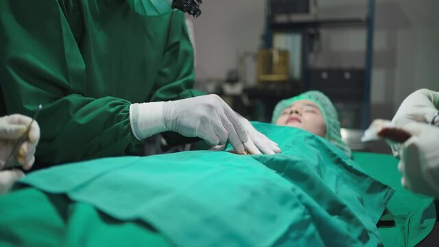 Professional doctor in the uniform wearing face mask and glove using scalpel to cut the abdomen in the operation room. Woman patient lying on the bed. Medical team operation in modern operating room