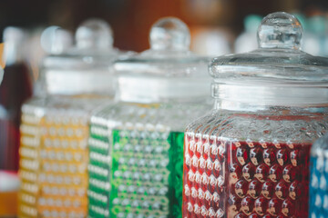 Colorful drink in variety of flavors in glass vintage tank