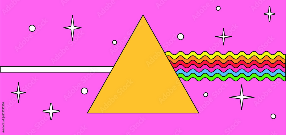 Poster Flat cartoon-style illustration with a triangular optical prism dispersing light. Psychedelic 70's mood poster. 