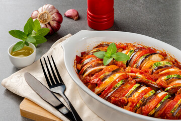 Ratatouille. Traditional French stew of summer vegetables. Ratatouille casserole.