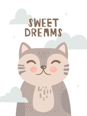 Cute cat, white background with texture. Cloud and triangle. Handwritten inscription sweet dreams. Poster design in Scandinavian style for kids room. Hand-drawn vector illustration, cartoon character