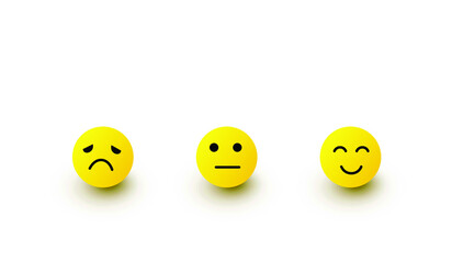Yellow round 3D emoji symbols show various colors and moods and text boxes. On white background the shadow fall vector illustration.