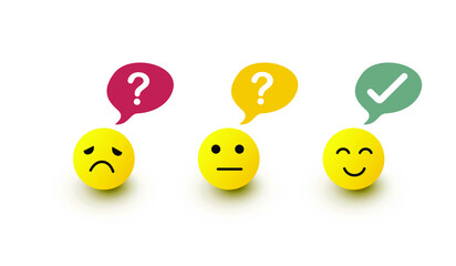 Yellow round 3D emoji symbols show various colors and moods and text boxes. On white background the shadow fall vector illustration.