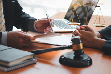lawyer consulting concept, Businessman and Male lawyer or judge consult having team meeting with client, Law and Legal services concept. - obrazy, fototapety, plakaty