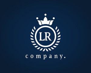 Letter LR, L or R  heraldic logo in wreath, round frame. Elegant, luxury monogram for a card, badge, label, antique, restaurant, cafe, boutique, hotel, jewelry, brand name, identity, product. Eps 10