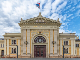 Fototapeta na wymiar Belgrade, Serbia - March 28, 2021: Building of the old main railway station on Sava Square. 