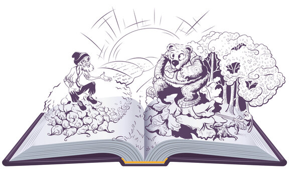 Man and bear russian folk tale open book illustration