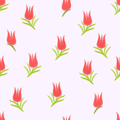 seamless pattern with red tulips drawing, vector background