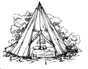 tipi in the woods sketch teepee tent monochromatic hand drawn illustration with pillows and a blanket inside . glamping  © Marina