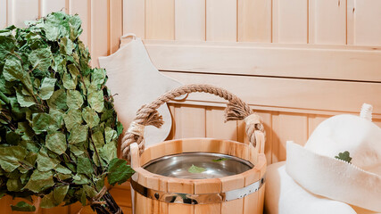 Russian Sauna and accessories: birch broom, wooden bucket, Towel