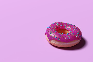 Single pink glazed donut, doughnut with sprinkles on a pink background with copy space and room for text with a right side composition