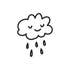 Doodle outline cloud. Happy character icon isolated on white background.