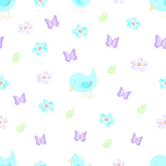 Cute summer seamless pattern with birds, leaves and butterflies in light pastel colors. Vector illustration, cartoon style. Template for wrapping paper, textile, fabric, wallpaper, packaging, etc.