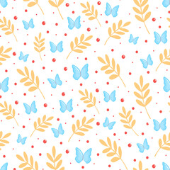 Cute seamless pattern with leaves and butterflies in summer soft colors. Vector illustration, cartoon style. Template for background, wrapping paper, fabric, wallpaper, etc.