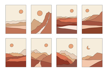Abstract landscape illustrations set. Mountains, sun, moon, sunset, desert, hills minimalist design. Trendy mid century art, boho home decor, wall art.