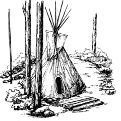 tipi in the woods sketch teepee tent monochromatic hand drawn illustration  © Marina