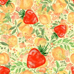 Seamless watercolor pattern with a floral pattern of leaves, berries, Strawberry and fruit peach.
Peach, apricot pattern with tropic fruits, leaves, flowers background. seamless texture illustration