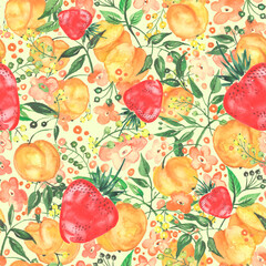 Seamless watercolor pattern with a floral pattern of leaves, berries, Strawberry and fruit peach.
Peach, apricot pattern with tropic fruits, leaves, flowers background. seamless texture illustration