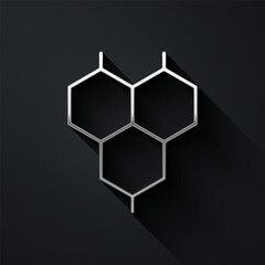 Silver Chemical formula icon isolated on black background. Abstract hexagon for innovation medicine, health, research and science. Long shadow style. Vector