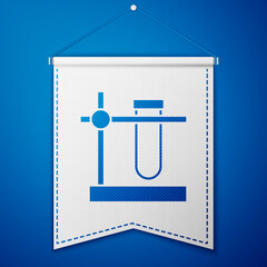Blue Glass test tube flask on stand icon isolated on blue background. Laboratory equipment. White pennant template. Vector