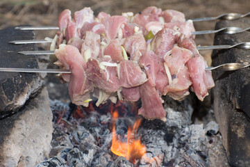 Simple outdoor charcoal barbecue. Several skewers with pieces of meat and vegetables.