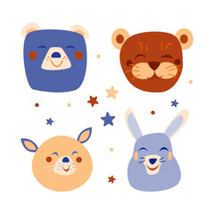 Naklejka premium A set of adorable animals in a trendy Scandinavian style. Handmade children's design for the decoration of kid's parties, t-shirts, baby birthday invitations, etc. Vector flat doodle illustration