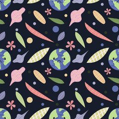 Seamless pattern with cute planet Earth character with sad face. Funny globe. World Earth Day, Earth Hour. Vector flat cartoon illustration