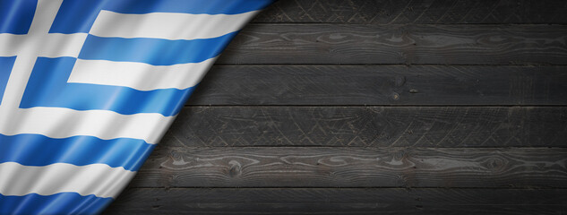 Greek flag on black wood wall banner