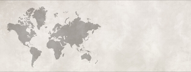 World map on white concrete wall background. Horizontal banner