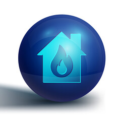 Blue Fire in burning house icon isolated on white background. Blue circle button. Vector