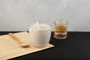 Misutgaru or Misugaru Latte drink. Korean milkshake with roasted multi-grain powder. Popular breakfast drink. Healthy Protein smoothie