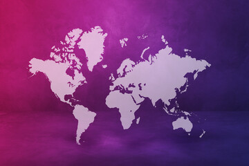 World map on purple wall background. 3D illustration