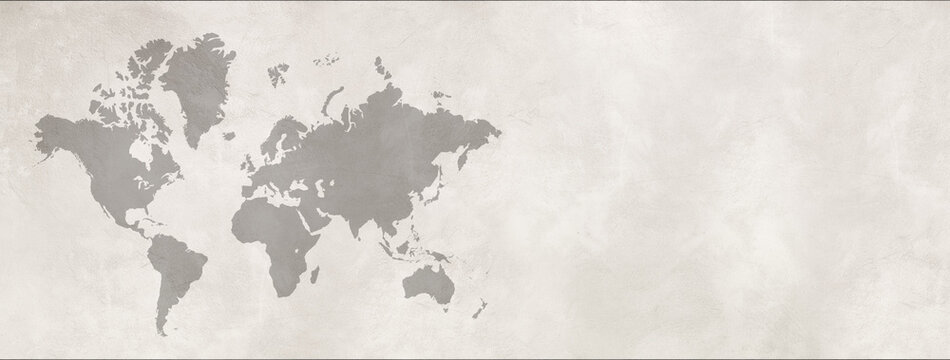 Fototapeta World map on white concrete wall background. Horizontal banner