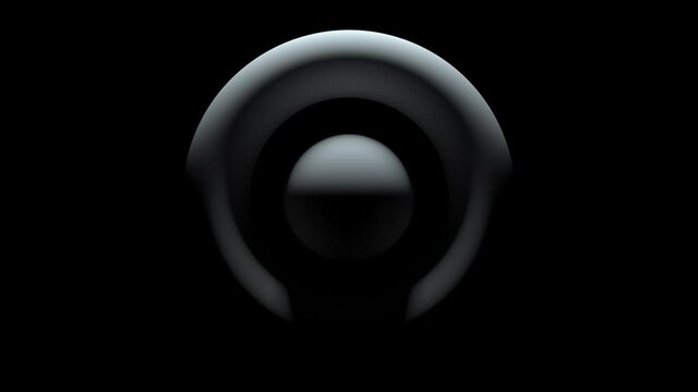 A gray ball enclosed in a gray torus rotates clockwise on a black background. Seamless loop.