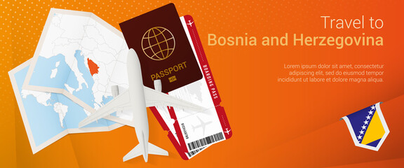 Travel to Bosnia and Herzegovina pop-under banner. Trip banner with passport, tickets, airplane, boarding pass, map and flag of Bosnia and Herzegovina.