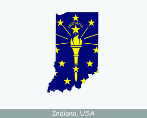 Indiana Map Flag. Map of IN, USA with the Hoosier state flag isolated on white background. United States, America, American, United States of America, US State. Vector illustration.