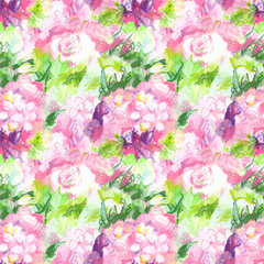 Lovely seamless pattern with mixed media pink flowers sketch made with pastel and watercolor for postcards, decoration, graphic and web design, flower shop, poster, wrapping, wallpaper, wedding