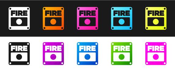 Set Fire alarm system icon isolated on black and white background. Pull danger fire safety box. Vector