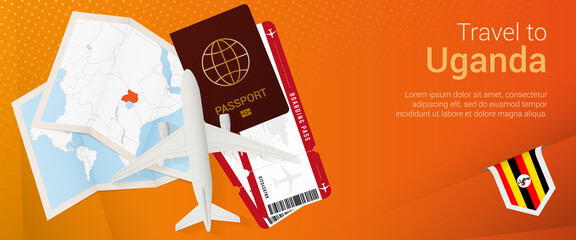 Travel to Uganda pop-under banner. Trip banner with passport, tickets, airplane, boarding pass, map and flag of Uganda.