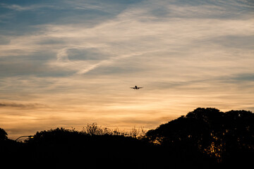 A plane coming from a fire sky in a lovely afternoon