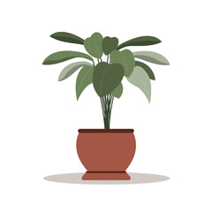 Home plant icon Vector illustration in flat design Lush foliage in brown ceramic flowerpot isolated on white backdrop