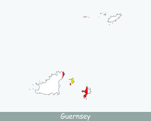 Guernsey Map Flag. Map of Guernsey with flag isolated on white background. Jurisdiction of the Bailiwick of Guernsey, United Kingdom, UK. Vector illustration.
