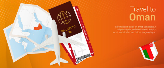 Travel to Oman pop-under banner. Trip banner with passport, tickets, airplane, boarding pass, map and flag of Oman.