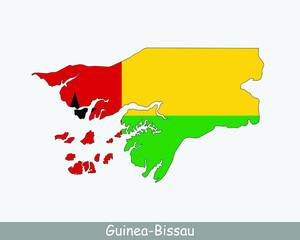 Guinea-Bissau Map Flag. Map of the Republic of Guinea-Bissau with the Bissau-Guinean national flag isolated on white background. Vector Illustration.