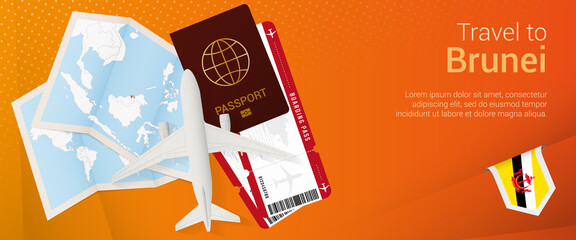 Travel to Brunei pop-under banner. Trip banner with passport, tickets, airplane, boarding pass, map and flag of Brunei.