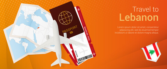 Travel to Lebanon pop-under banner. Trip banner with passport, tickets, airplane, boarding pass, map and flag of Lebanon.