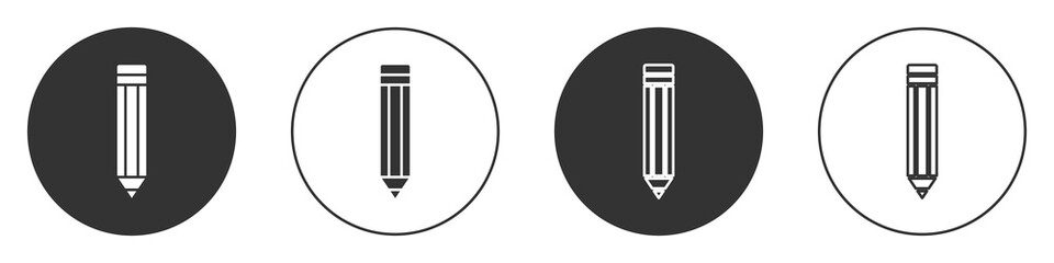 Black Pencil icon isolated on white background. Drawing and educational tools. School office symbol. Circle button. Vector