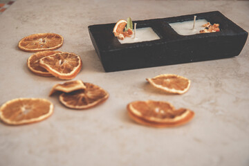 Scented candles of different flavor, to decorate your home, bathroom, party table.  