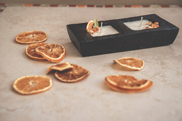 Scented candles of different flavor, to decorate your home, bathroom, party table.  