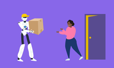 robot courier with parcel and african american woman door delivery service vector illustration